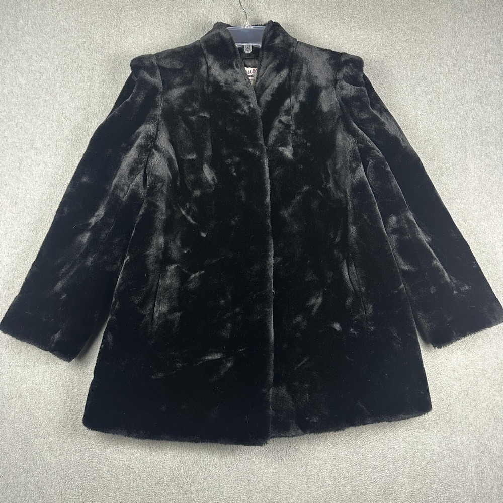 Glenoit Coat Womens Large Black Faux Fur Mid Length Hook Eye Lined Mob Wife